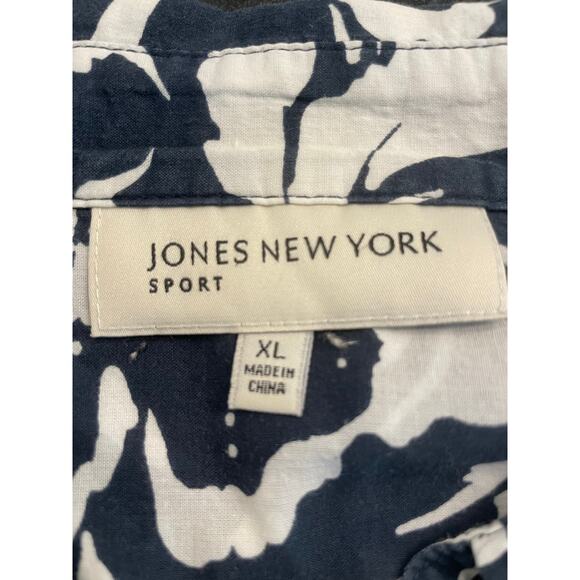 Jones New York Sport Navy/White Floral button up blouse XL 100% Cotton - Picture 3 of 9